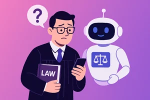 Judge consulting with a legal robot. - Legal Info AI Assistant
